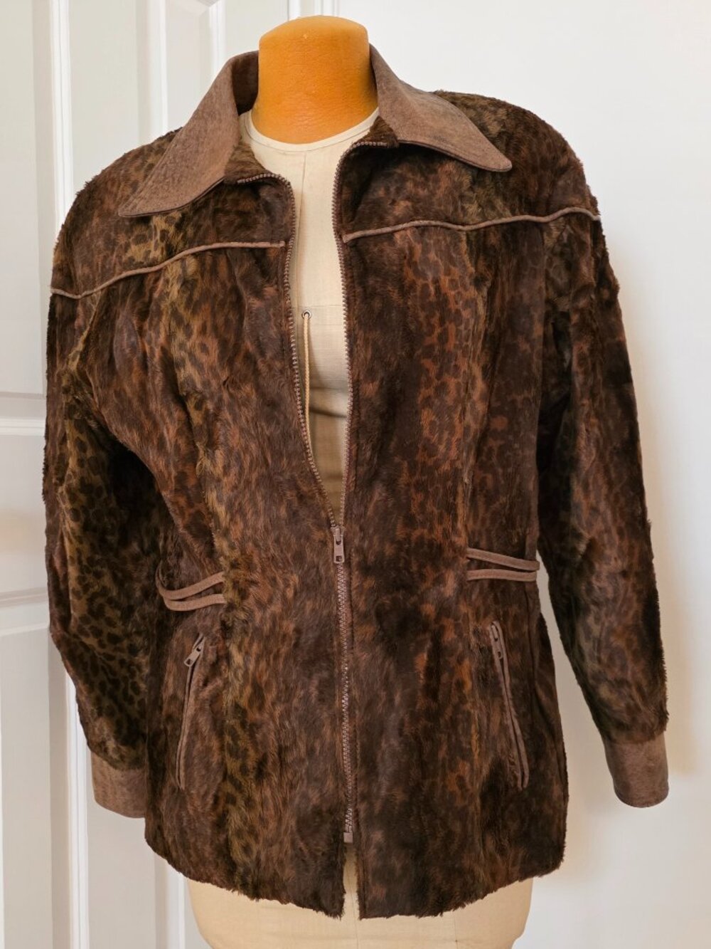 Faux fur, leather trim leopard print women's jacket, made in Canada
